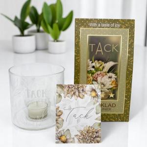 Presentset Tack (ljuslykta, chokladpraliner och kort)